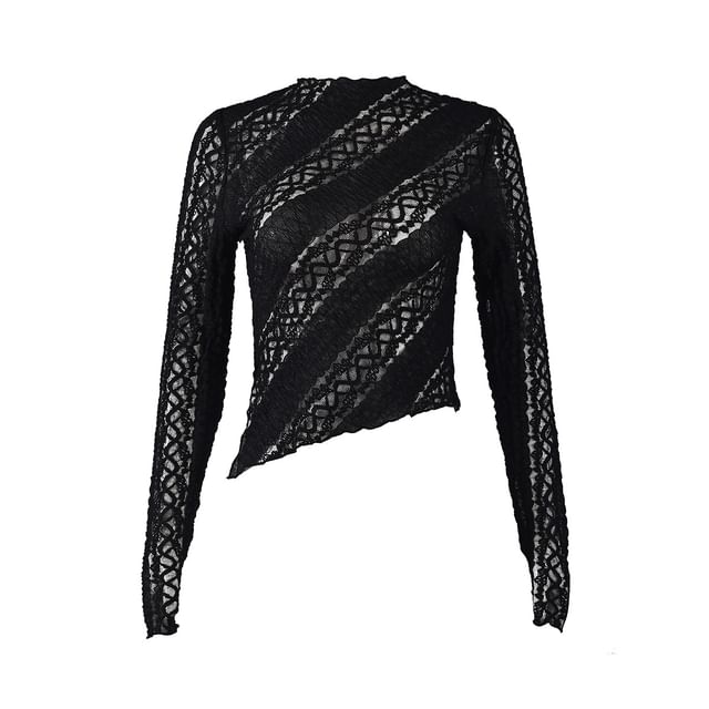 Extended Sleeve Mock Neck Lace Sheer Slit Crop Top