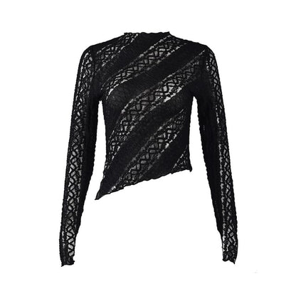 Extended Sleeve Mock Neck Lace Sheer Slit Crop Top