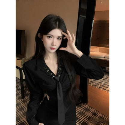 Collared V-Neck Necktie Lace Shirt
