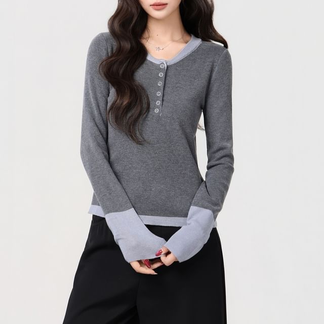 Two-Tone Henley Long-Sleeve Top