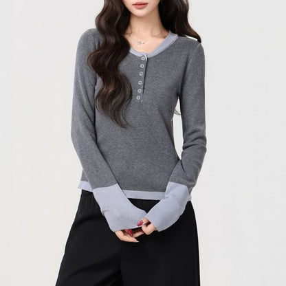 Two-Tone Henley Long-Sleeve Top