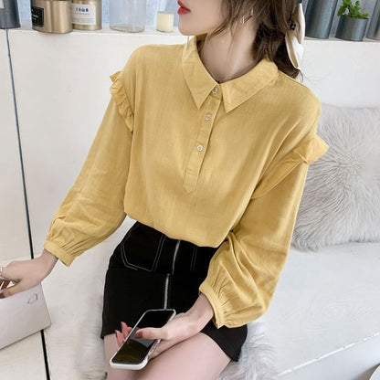 Frill-Trim Long-Sleeve Blouse