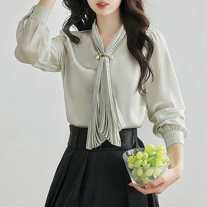 Scarfed Long-Sleeve Blouse
