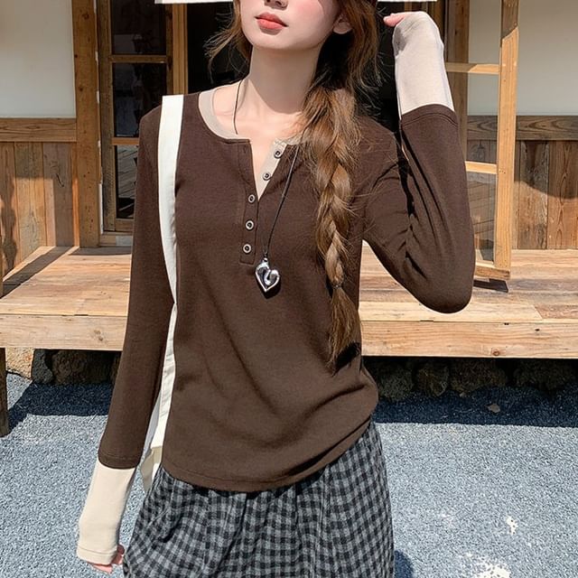 Round Neck Long Sleeve Tee with Mock Layer