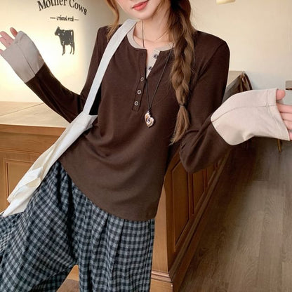 Round Neck Long Sleeve Tee with Mock Layer