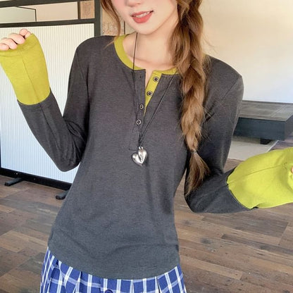 Round Neck Long Sleeve Tee with Mock Layer
