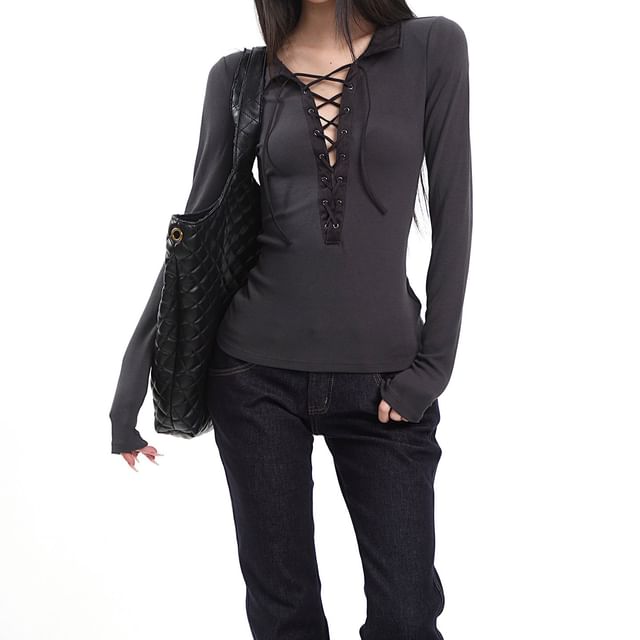 Lace-Up Polo Shirt with Extended Sleeves