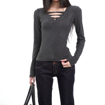 Extended-Sleeve V-Neck Cutout Cotton Tee