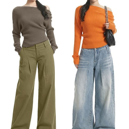 Ribbed Knit Off-Shoulder Long Sleeve Top