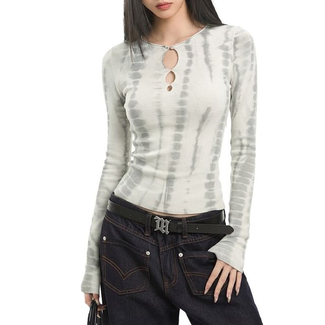 Keyhole Tie-Dye Round-Neck Long-Sleeve Tee