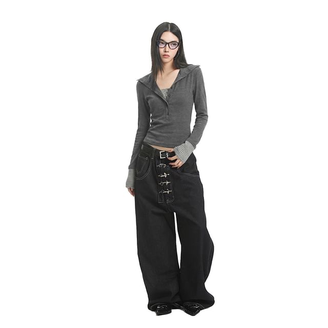 Mock-Neck Henley Long-Sleeve Tee