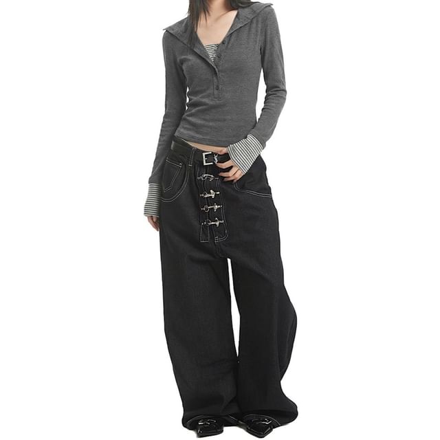 Mock-Neck Henley Long-Sleeve Tee