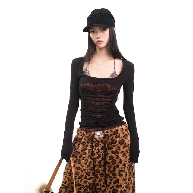Square-Neck Leopard Panel Long-Sleeve Shirt