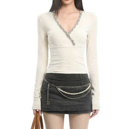 Glitter-Trim V-Neck Long-Sleeve Tee