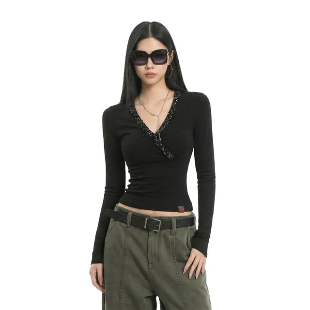 Glitter-Trim V-Neck Long-Sleeve Tee