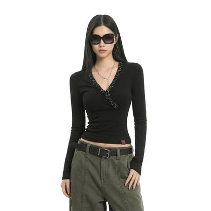 Glitter-Trim V-Neck Long-Sleeve Tee