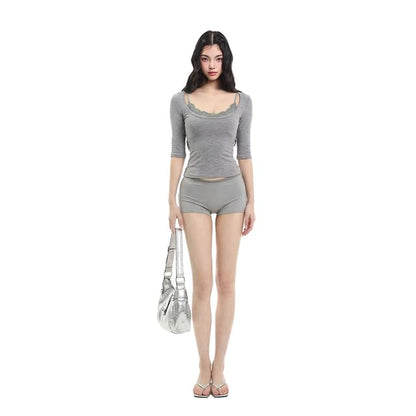 Lace-Trim Square-Neck Elbow-Sleeve Tee
