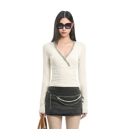 Glitter-Trim V-Neck Long-Sleeve Tee
