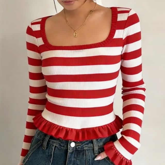 Striped Square Neck Tee with Ruffle Trim Sleeves