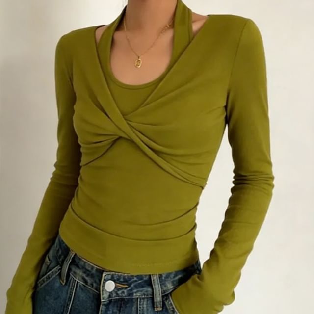Twisted Halter Neck Long Sleeve Tee