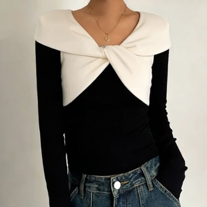 Twisted Two-Tone V-Neck Long Sleeve Top