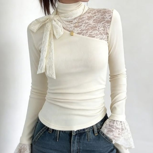 Mock Neck Lace Panel Long Sleeve T-Shirt