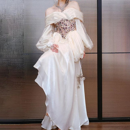 Long-Sleeve Off Shoulder Rhinestone Floral Evening Gown