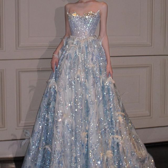 Strapless Rhinestone Glitter A-Line Evening Gown