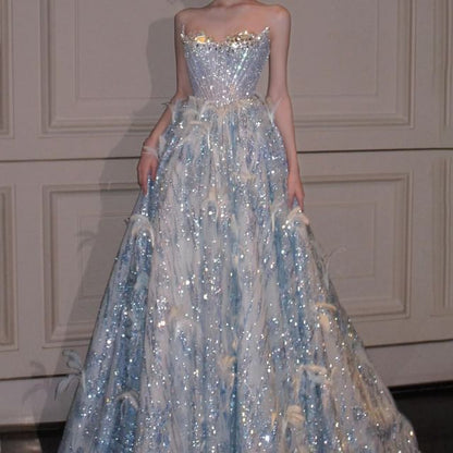 Strapless Rhinestone Glitter A-Line Evening Gown