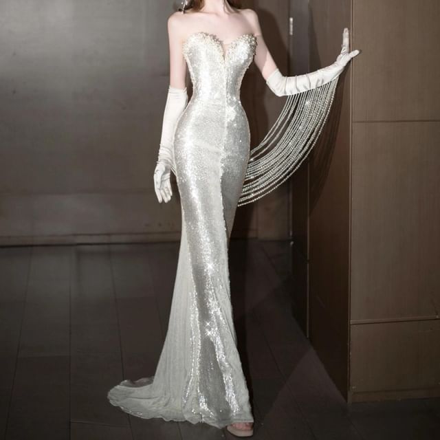 Strapless Plain Glitter Sheath Evening Gown