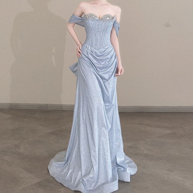 Off Shoulder Ruched Rhinestone Detail A-Line Evening Gown