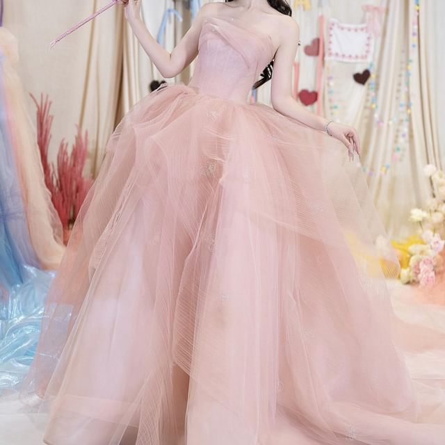 Strapless Plain Sheer A-Line Evening Gown