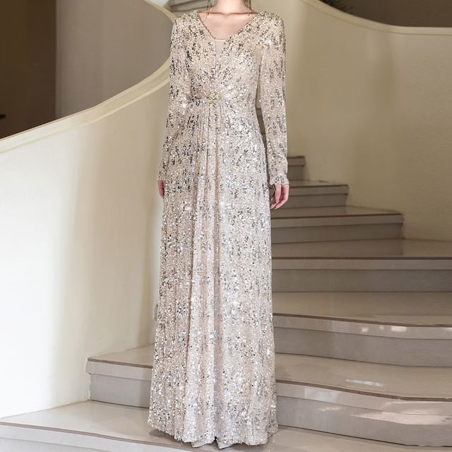 Long-Sleeve V-Neck Sequined A-Line Evening Gown
