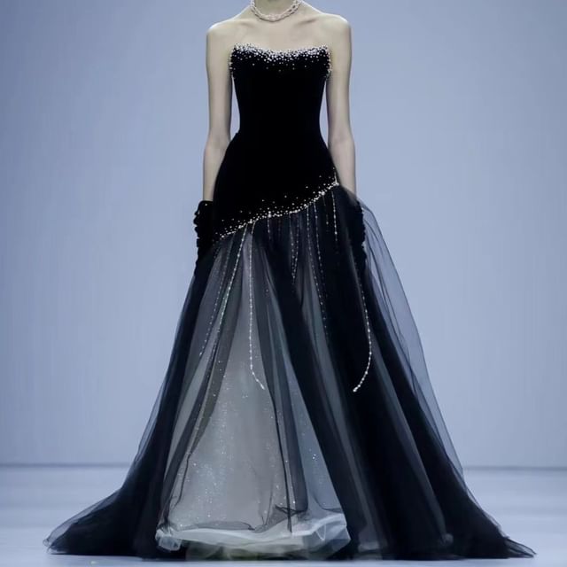 Strapless Rhinestone Glitter Sheer A-Line Evening Gown