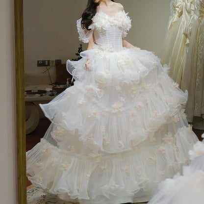 Off Shoulder Plain Floral Trim Tiered Wedding Gown