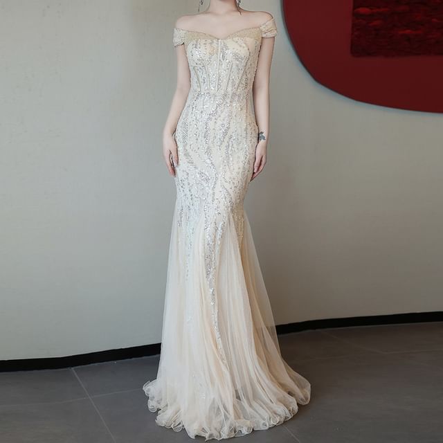 Off Shoulder Plain Rhinestone Glitter Sheath Evening Gown