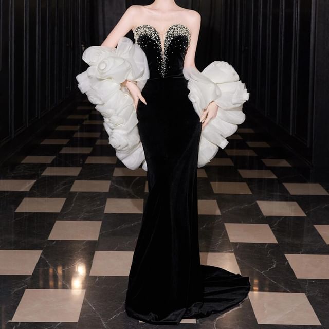 Strapless Rhinestone Glitter Sheath Evening Gown