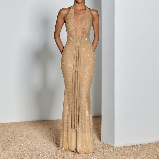 Halter Deep Plunge Plain Glitter Trumpet Evening Gown