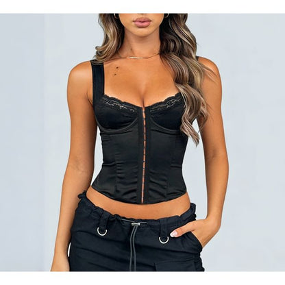 Square Neck Lace Trim Plain Corset Tank Top
