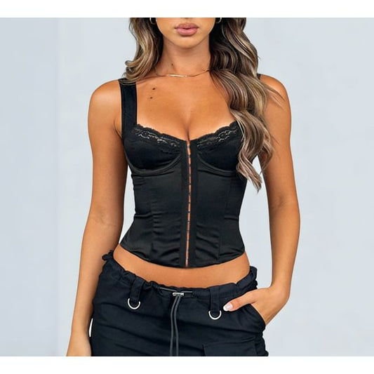 Square Neck Lace Trim Plain Corset Tank Top