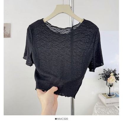 Short Sleeve Scoop Neck Lace Sheer Crop Top