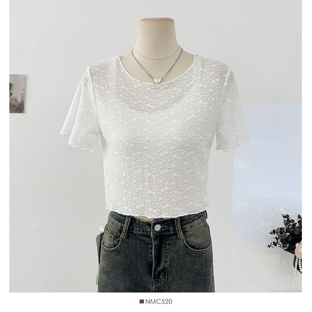 Short Sleeve Scoop Neck Lace Sheer Crop Top