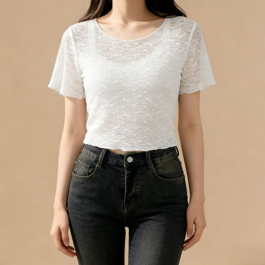 Short Sleeve Scoop Neck Lace Sheer Crop Top