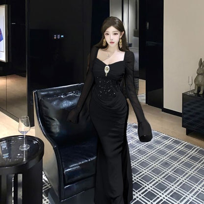 Long-Sleeve Square Neck Plain Rhinestone Mermaid Evening Gown