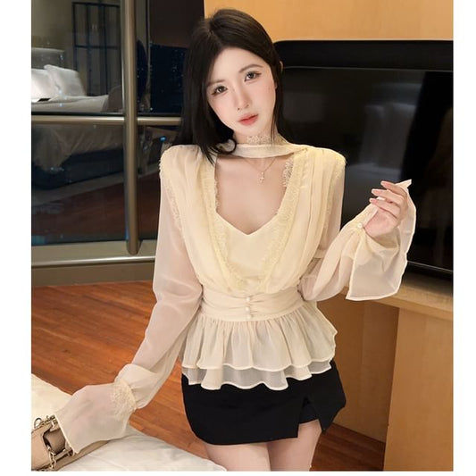 V-Neck Long Sleeve Peplum Lace Blouse