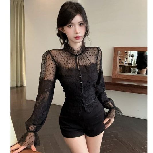 Stand Collar Lace Blouse & High Waist Shorts