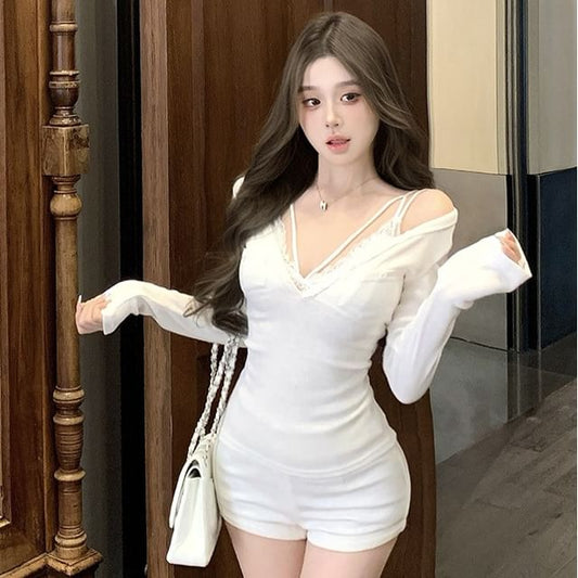 V-Neck T-Shirt & Lace Camisole Set