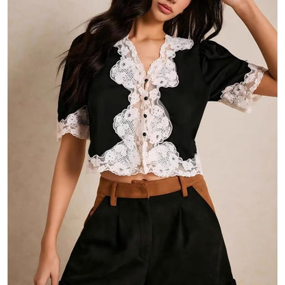 Short Sleeve V-Neck Lace Panel Crop Blouse