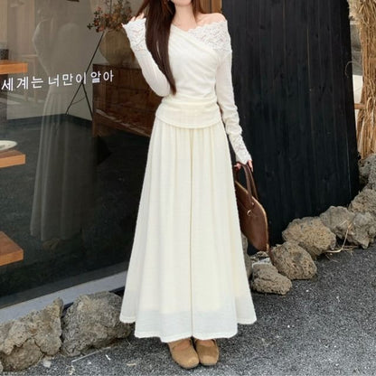 Off-Shoulder Lace Top & Midi Skirt Set