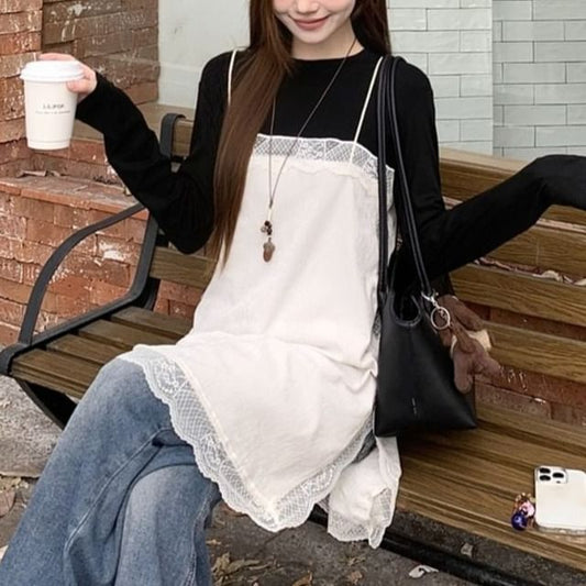 Crew Neck Tee & Lace Panel Mini Dress